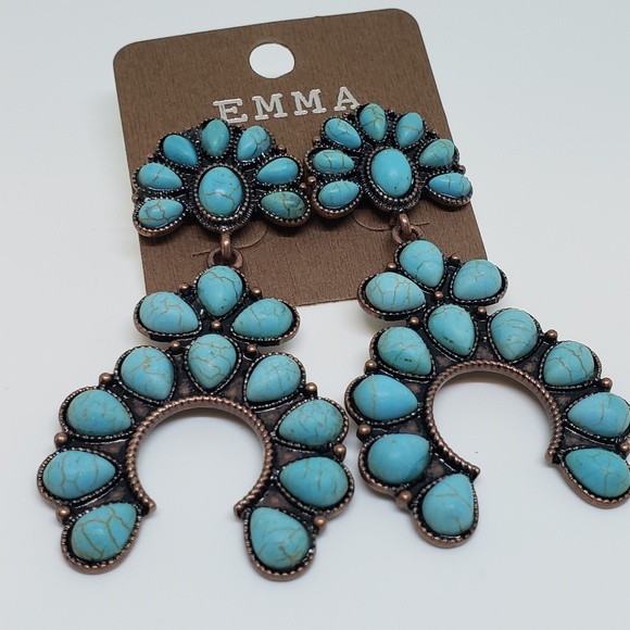 Faux Turquoise Squash Blossom Earring Coachella - Picture 2 of 4